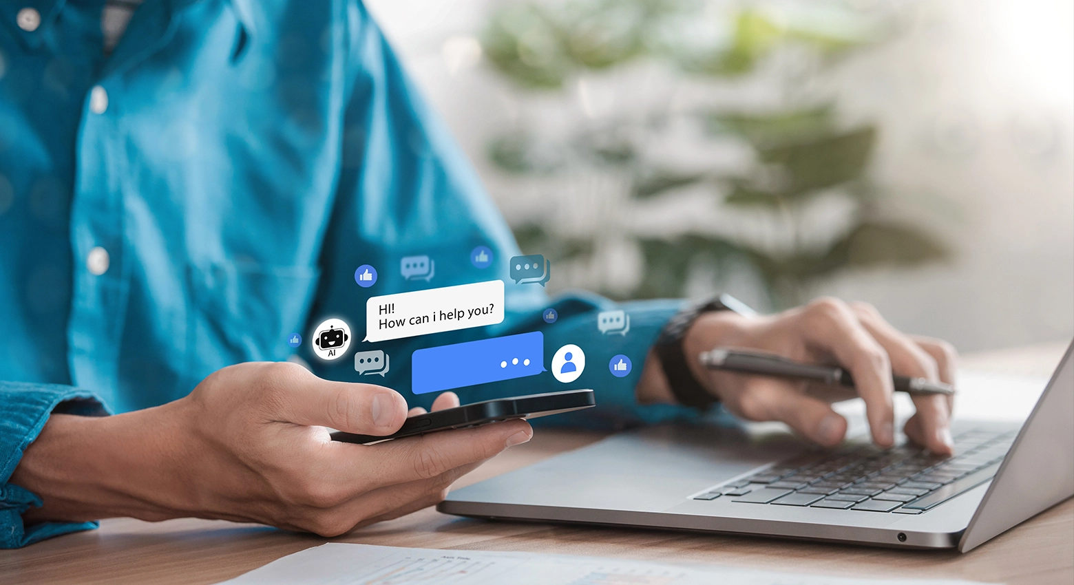 hombres con el móvil en la mano y texto generado por IA flotando