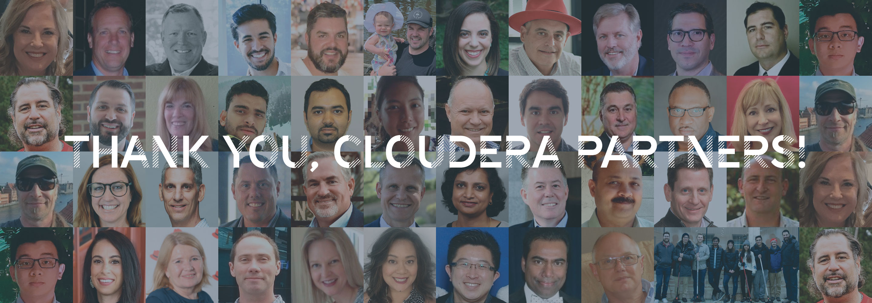 Foto de los rostros de socios individuales con el texto «¡Gracias, socios de Cloudera!». 