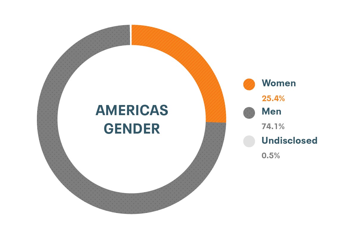 Datos de diversidad e inclusión de género de Cloudera en América: mujeres 25 %, hombres 76,4 %, no revelado 0,4 %