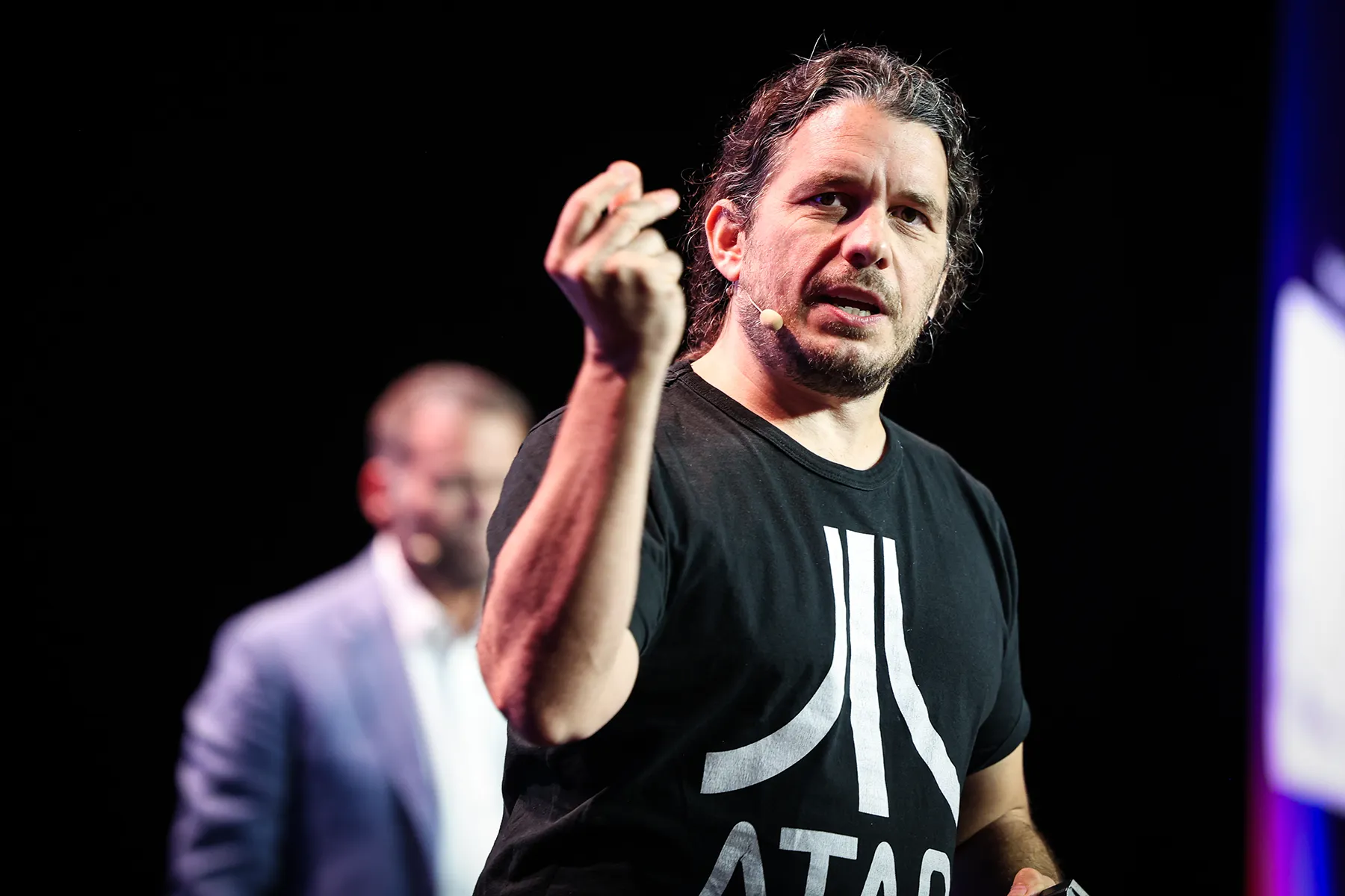 Speaking on the main stage.