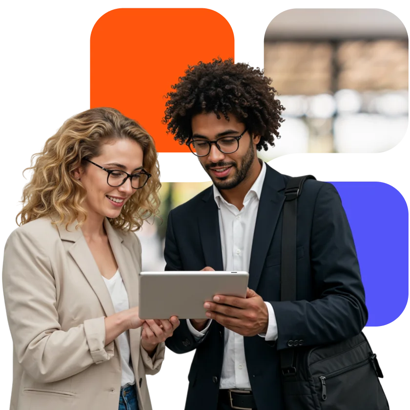 Two professional colleagues working together to solve technical business problesm. 