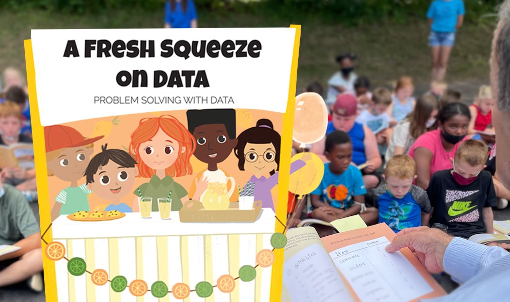 Libro infantil &quot;A Fresh Squeeze on Data&quot; con niños leyéndolo
